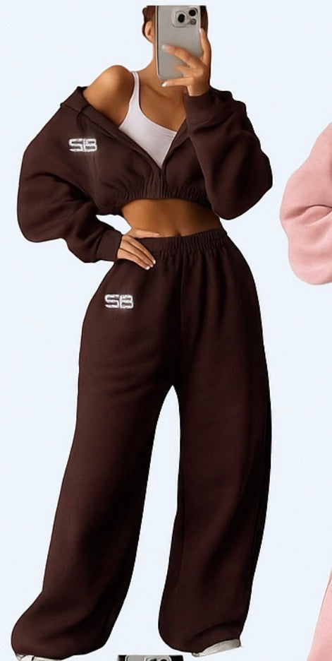 SculptedBae 2-Piece Crop Zip & Slay Bae Casual Set: Rhinestone SB LOGO