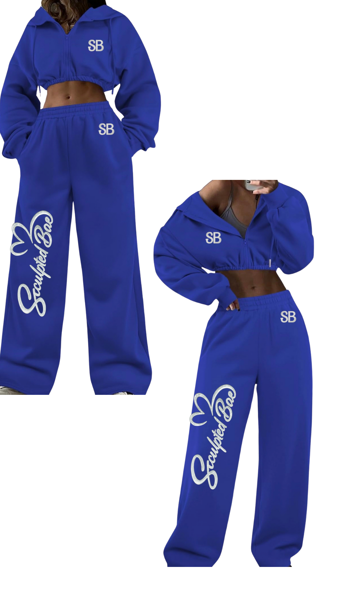 SculptedBae 2-Piece Crop Zip & Slay Sweatsuit Set Casual Set: Custom SculptedBae