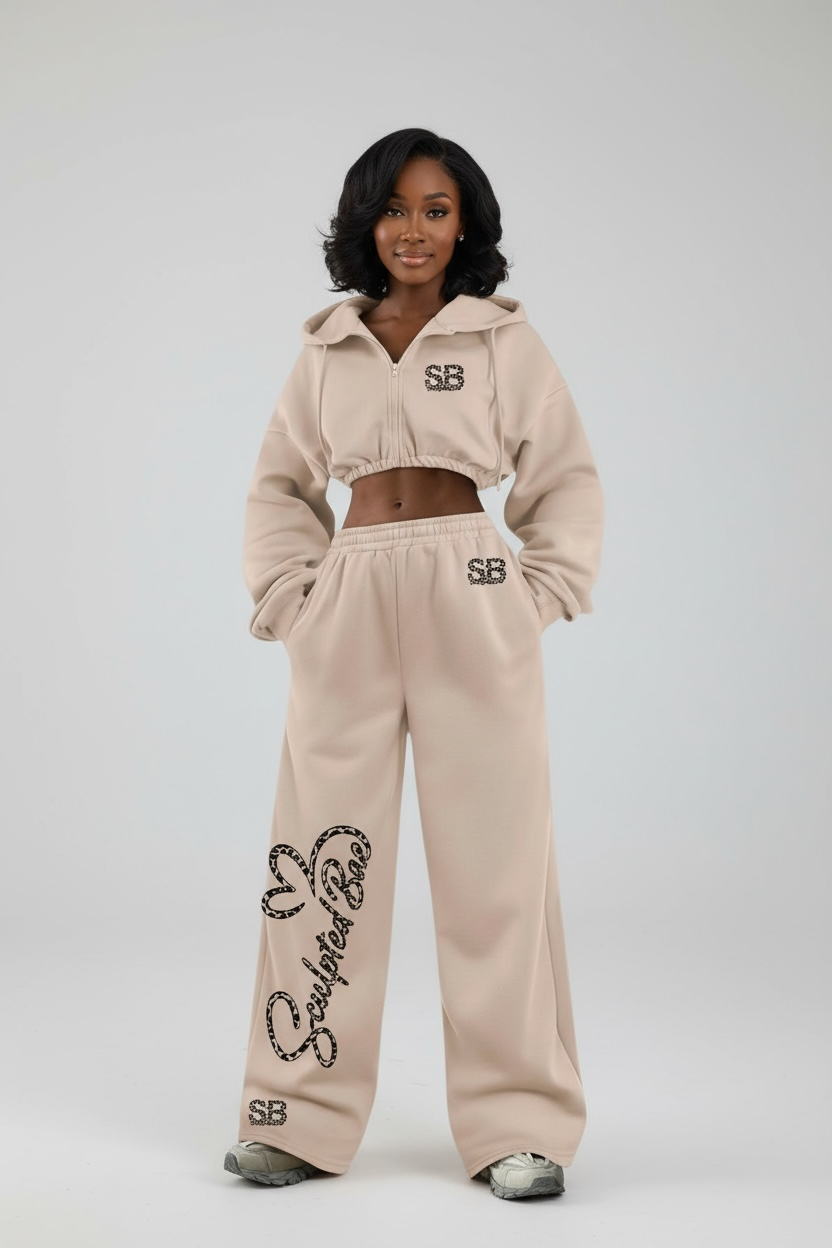 SculptedBae 2-Piece Crop Zip & Slay Sweatsuit Set Casual Set: Custom SculptedBae